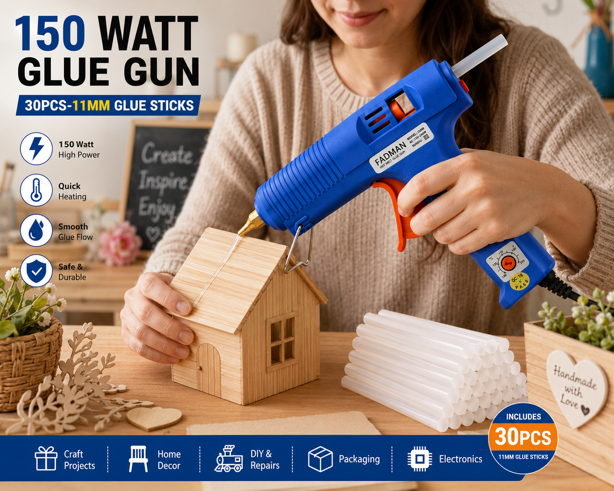 150W Hot Melt Glue Gun with 30 Pcs 11MM Glue Sticks | High Temperature Electric Adhesive Gun for DIY, Craft, Repair, Art & Home Projects