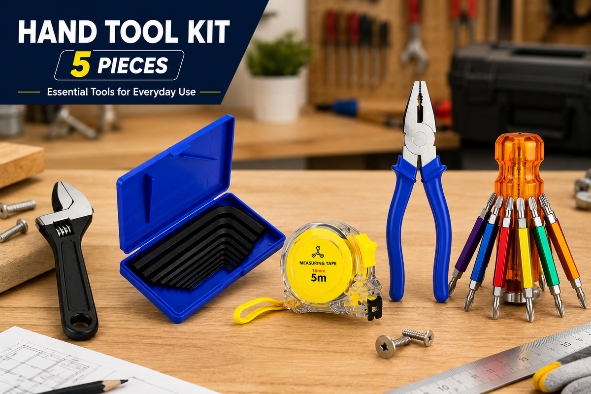 5-in-1 Hand Tool Kit with Adjustable Wrench, 5M Measuring Tape, Combination Pliers, Blue Allen Key Set & 6-in-1 Hexagon Screwdriver Set for Home, Workshop & Repair