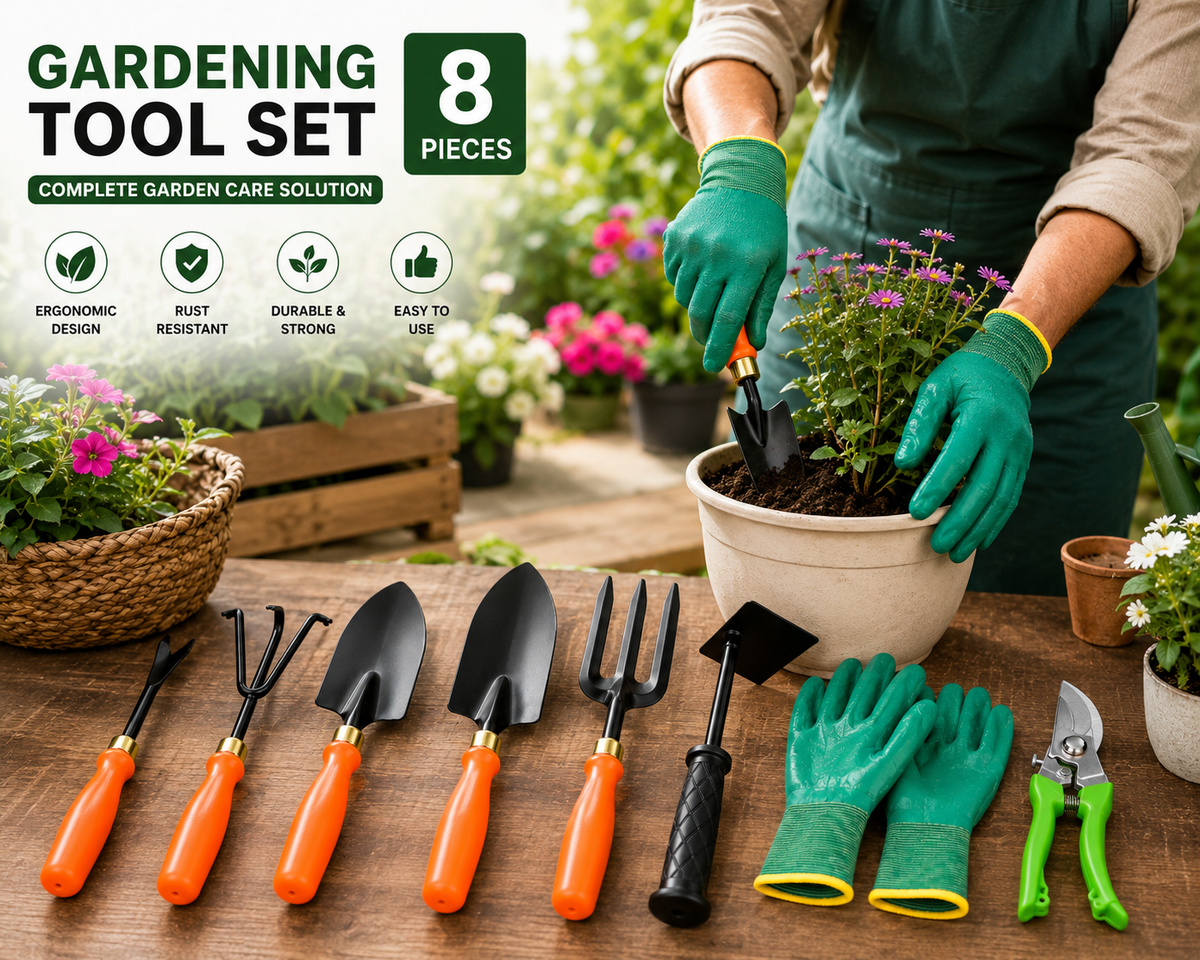 Garden Tools Set of 8 | Big Trowel, Small Trowel, Weeder, 3-Tine Cultivator, Khurpa, Pruning Cutter, Garden Fork & Gardening Gloves | Heavy Duty Gardening Tool Kit for Home, Lawn, Plants & Outdoor Use