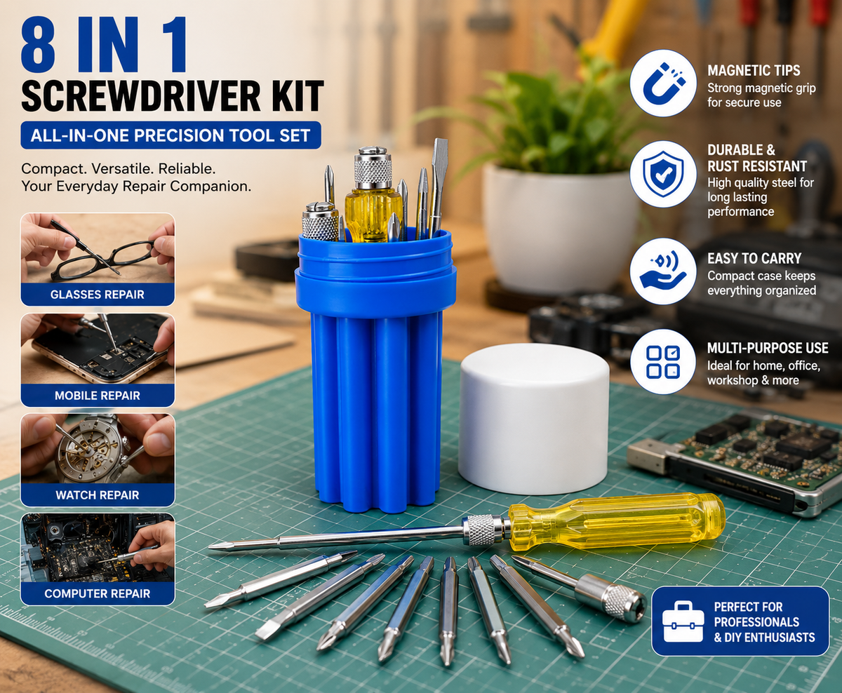 8-in-1 Screwdriver Set, Multi-Size Screwdriver Set with Interchangeable Phillips & Flat Head Bits, Extension Rod, High-Grade Steel Shafts & Transparent PVC Handle for Car, Computer, Workshop & Household Repair