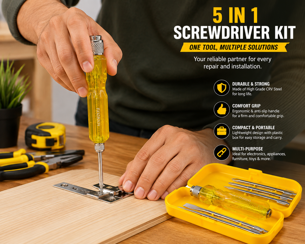5-in-1 Screwdriver Set, 5 Interchangeable Bits, Phillips & Slotted Heads, Ergonomic Anti-Slip Handle, Portable Storage Case for Home, Electrical & Repair Work (Yellow)