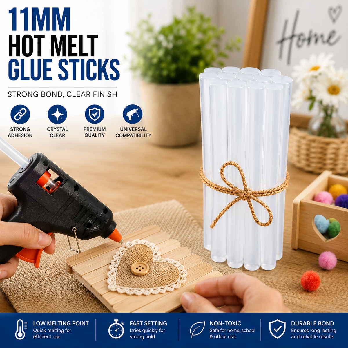 10 Pcs 11MM Hot Melt Glue Sticks, 7 Inch Transparent Adhesive Sticks for 40W to 150W Glue Guns, Strong Bonding for Craft, DIY, Repair & Decoration