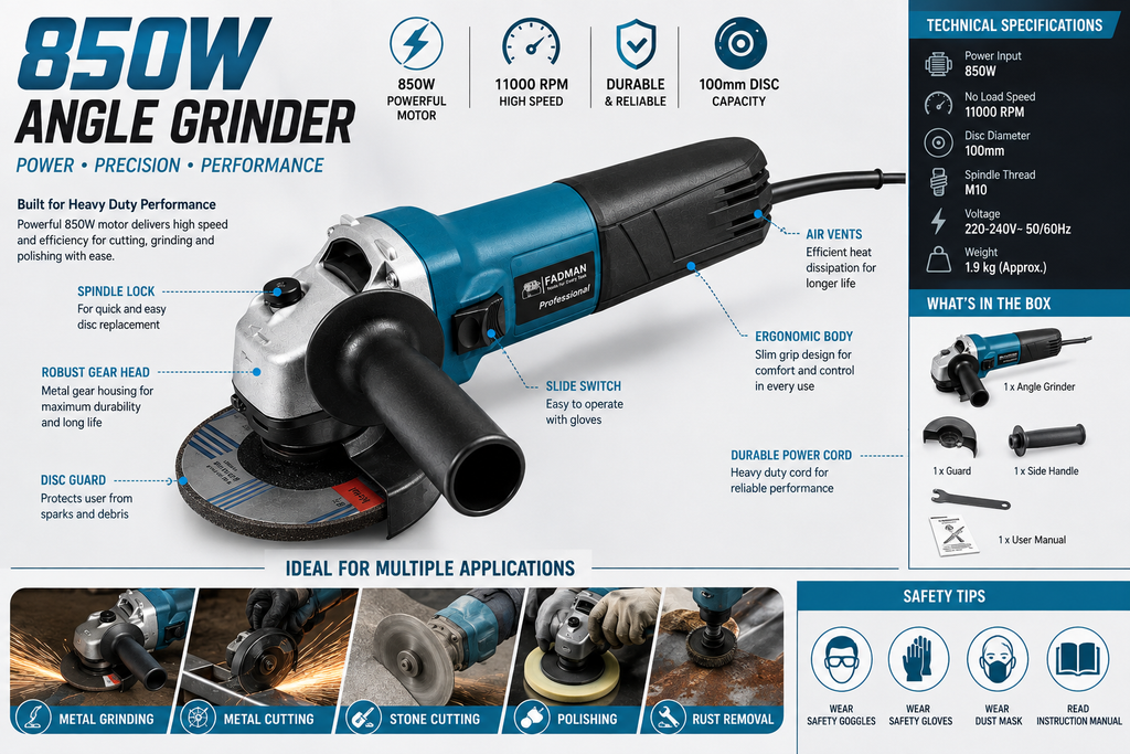 850W Angle Grinder 100mm Heavy Duty Electric Power Tool, 11000 RPM, Spindle Lock, Adjustable Protective Guard for Cutting, Grinding & Polishing (Green)
