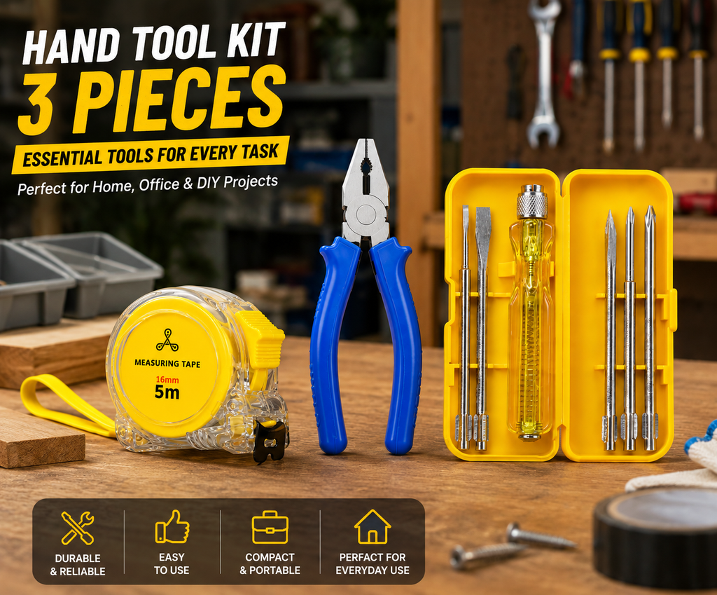 3-in-1 Hand Tool Kit with Combination Plier, 5-in-1 Interchangeable Screwdriver Set & 5 Meter Measuring Tape for Home, DIY & Repair Work