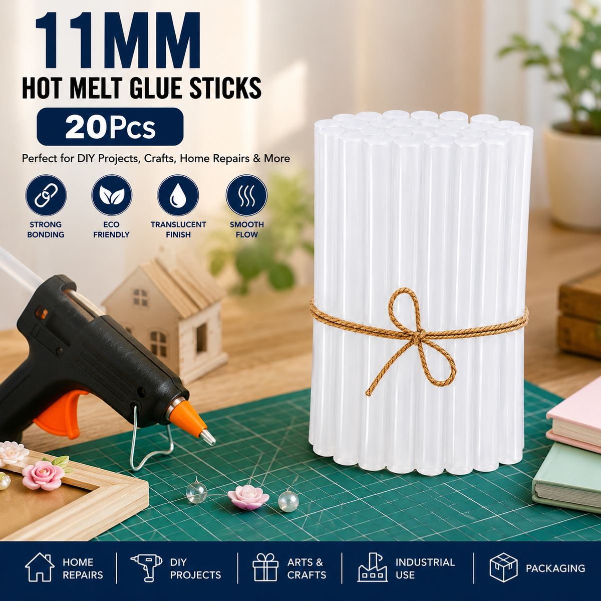 20 Pcs 11MM Hot Melt Glue Sticks, 7 Inch Transparent Adhesive Sticks for 40W to 150W Glue Guns, Strong Bonding for Craft, DIY, Repair & Decoration