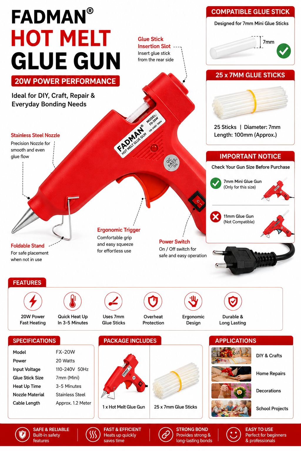 20W Hot Melt Glue Gun with 25 Pcs 7MM Glue Sticks | Mini Electric Adhesive Gun for DIY Crafts, Art, Repair & Home Projects (Red)