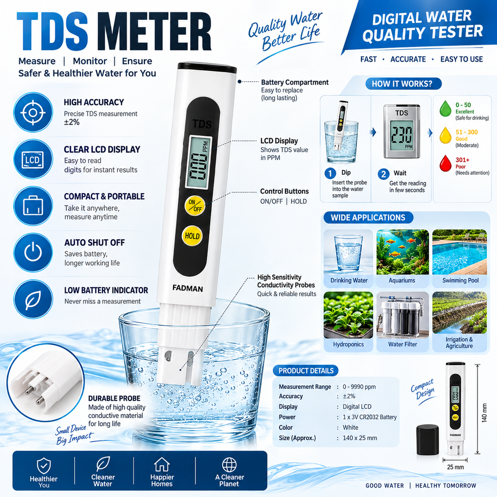 Digital TDS Meter for Water Quality Testing, Portable TDS Tester with LCD Display, PPM Water Purity Tester for Drinking Water, RO, Aquarium, Swimming Pool & Hydroponics