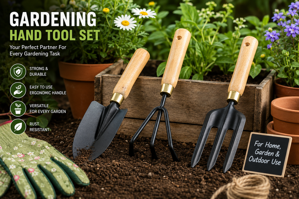 3 Pcs Garden Hand Tool Set with Trowel, Hand Cultivator & Garden Fork | Wooden Handle Gardening Tools for Digging, Weeding, Planting & Soil Aeration