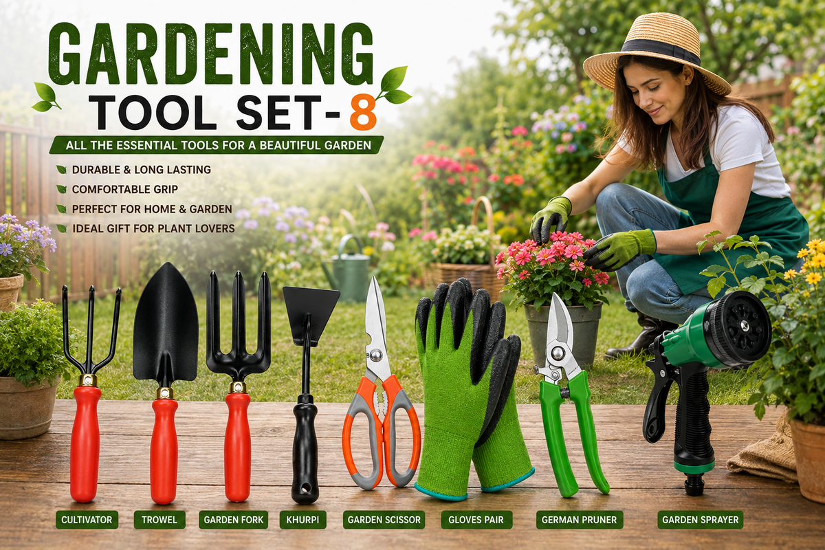 Garden Tools Set of 8 | Hand Trowel, 3-Tine Cultivator, Garden Fork, Khurpa, Pruning Cutter, Garden Scissors, Water Spray Nozzle & Gardening Gloves | Heavy Duty Gardening Tool Kit for Home, Lawn, Plants & Outdoor Use