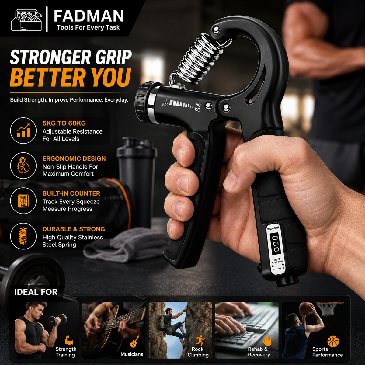 Adjustable Hand Grip Strengthener 5-60KG, Heavy Duty Forearm & Hand Exerciser with Resistance Control, Ergonomic Grip for Men & Women, Wrist & Finger Strength Training