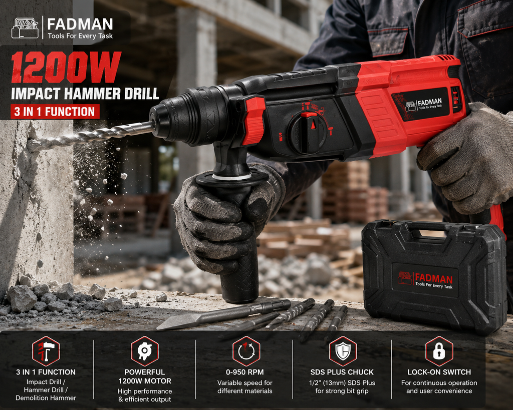 1200W 26mm Heavy Duty Rotary Hammer Drill Machine with SDS Plus Chuck, 3-in-1 Drilling, Hammering & Chiseling Modes, Auxiliary Handle, SDS Drill Bits & Chisels with Carry Case