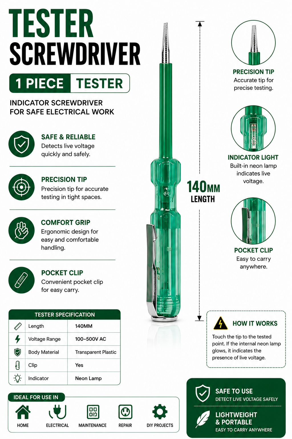 2-in-1 Screwdriver + Tester | Dual Purpose Electrical Tester Screwdriver | Insulated Handle for Home, Electrical & Repair Work