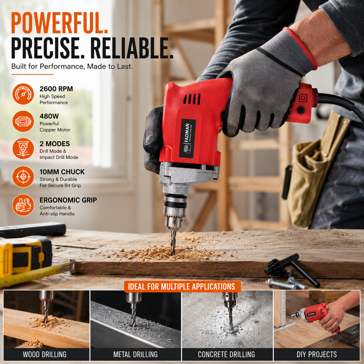 480W Electric Impact Drill Machine with 10mm Chuck, 2600 RPM Variable Speed, Copper Motor, Lock-On Switch & Dual Drilling Mode for Wood, Metal, Wall & DIY Projects