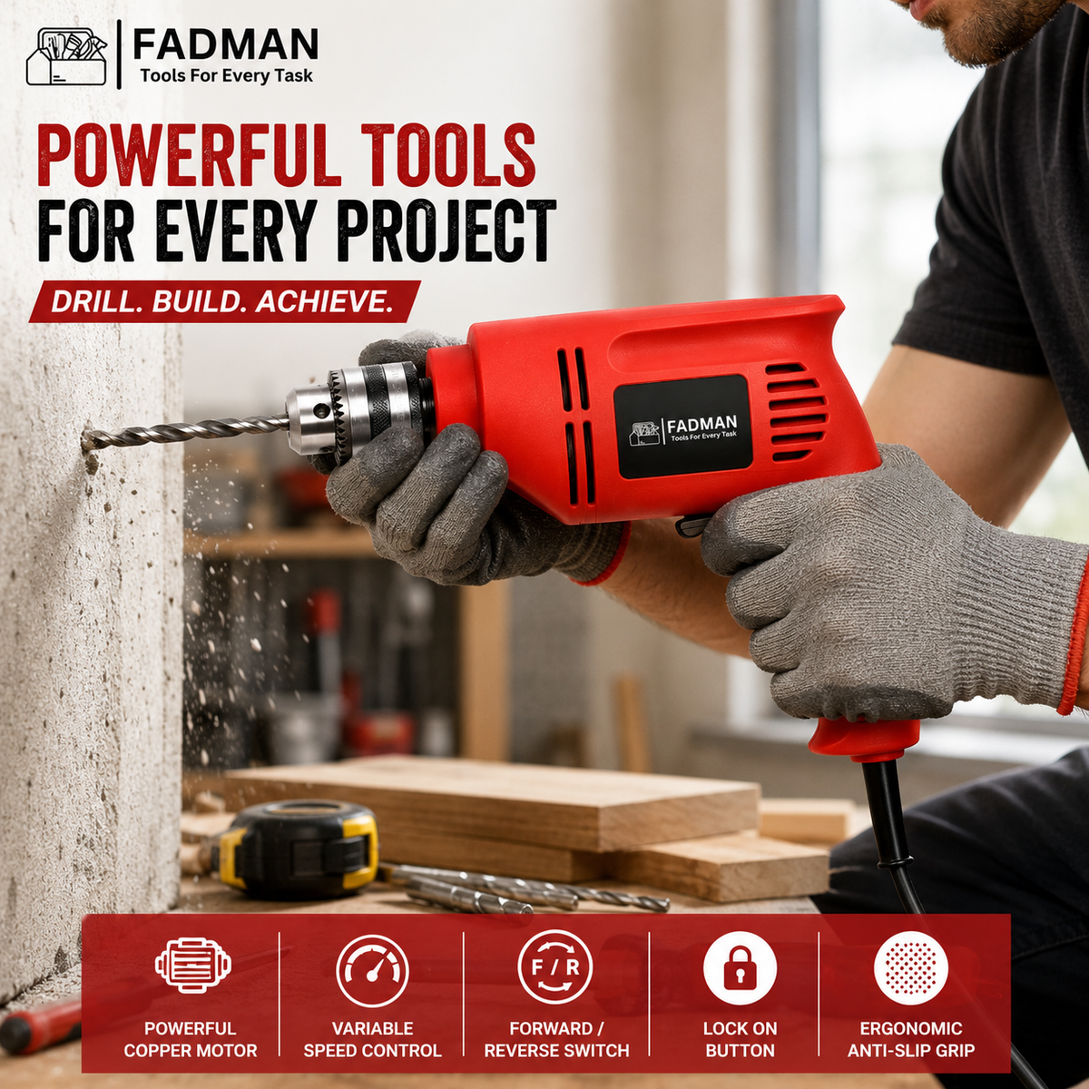 480W Electric Pistol Drill Machine with 10mm Chuck, Variable Speed Control, Forward & Reverse Function, Lock-On Button & Copper Motor for Wood, Metal, PVC & DIY Drilling