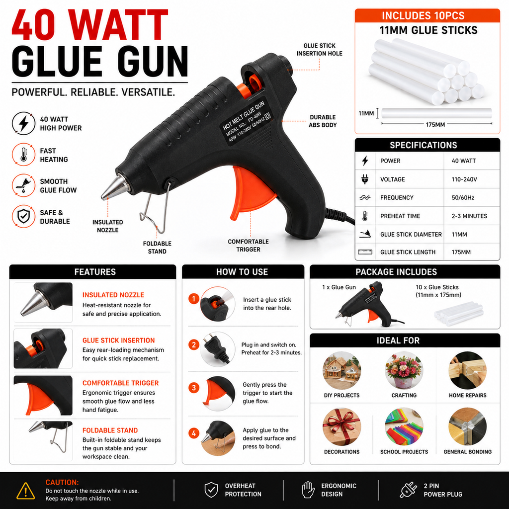 40W Hot Melt Glue Gun with 10 Pcs 11mm Glue Sticks | High Temperature Electric Adhesive Gun for Craft, DIY, Repair & Decoration