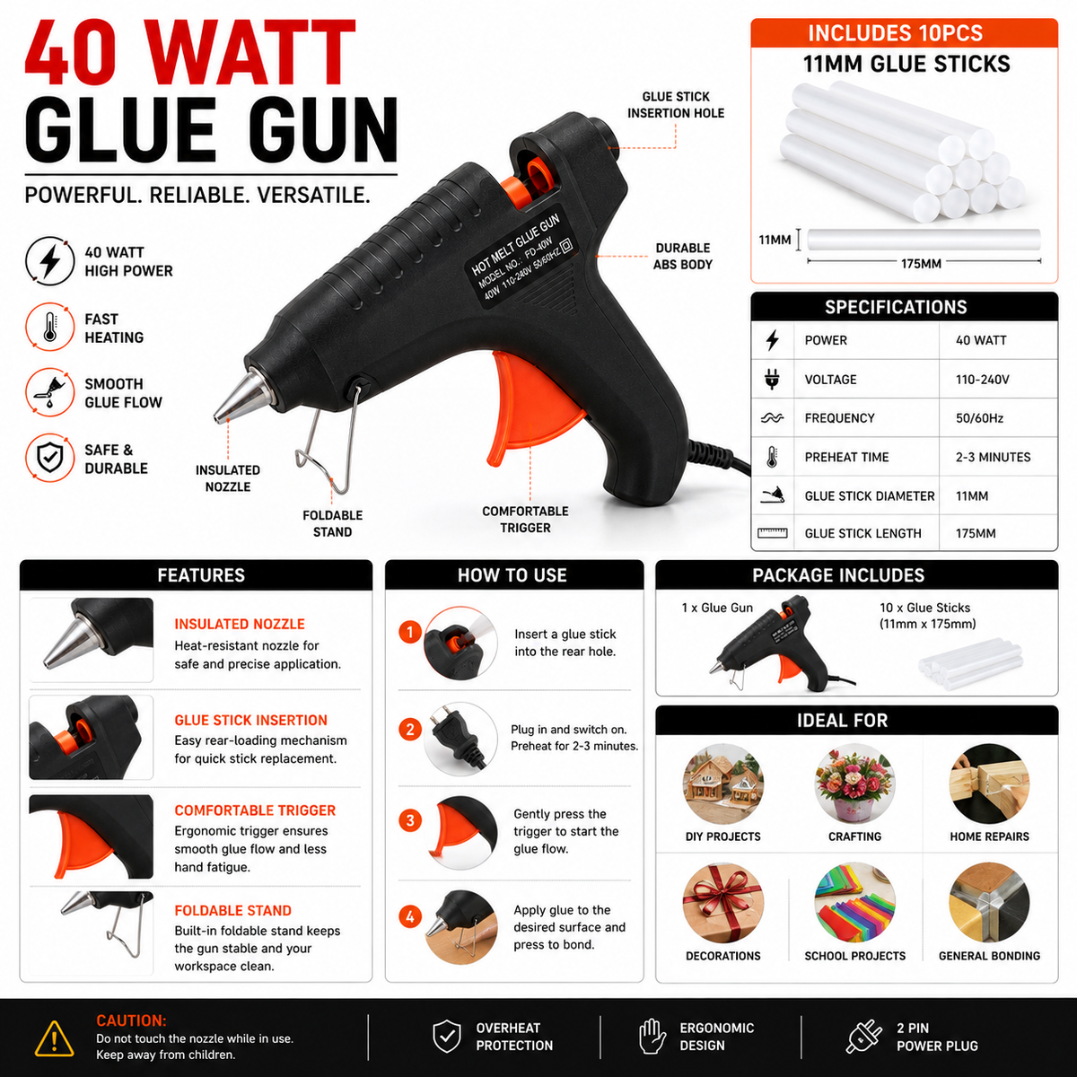 40W Hot Melt Glue Gun with 10 Pcs 11mm Glue Sticks | High Temperature Electric Adhesive Gun for Craft, DIY, Repair & Decoration