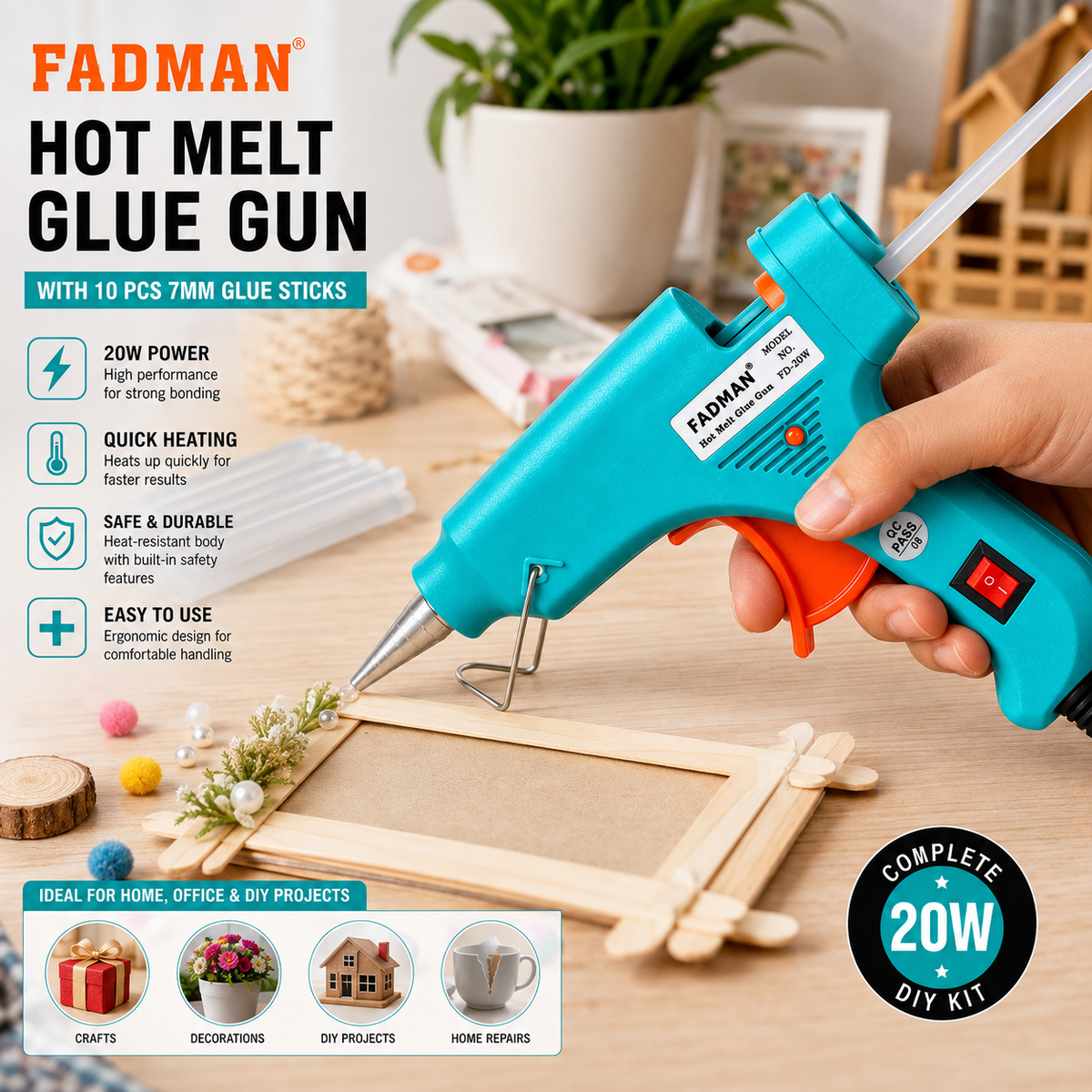 20W Hot Melt Glue Gun with 10 Pcs 7MM Glue Sticks | Mini Electric Adhesive Gun for DIY Crafts, Art, Repair & Home Projects (Turquoise)
