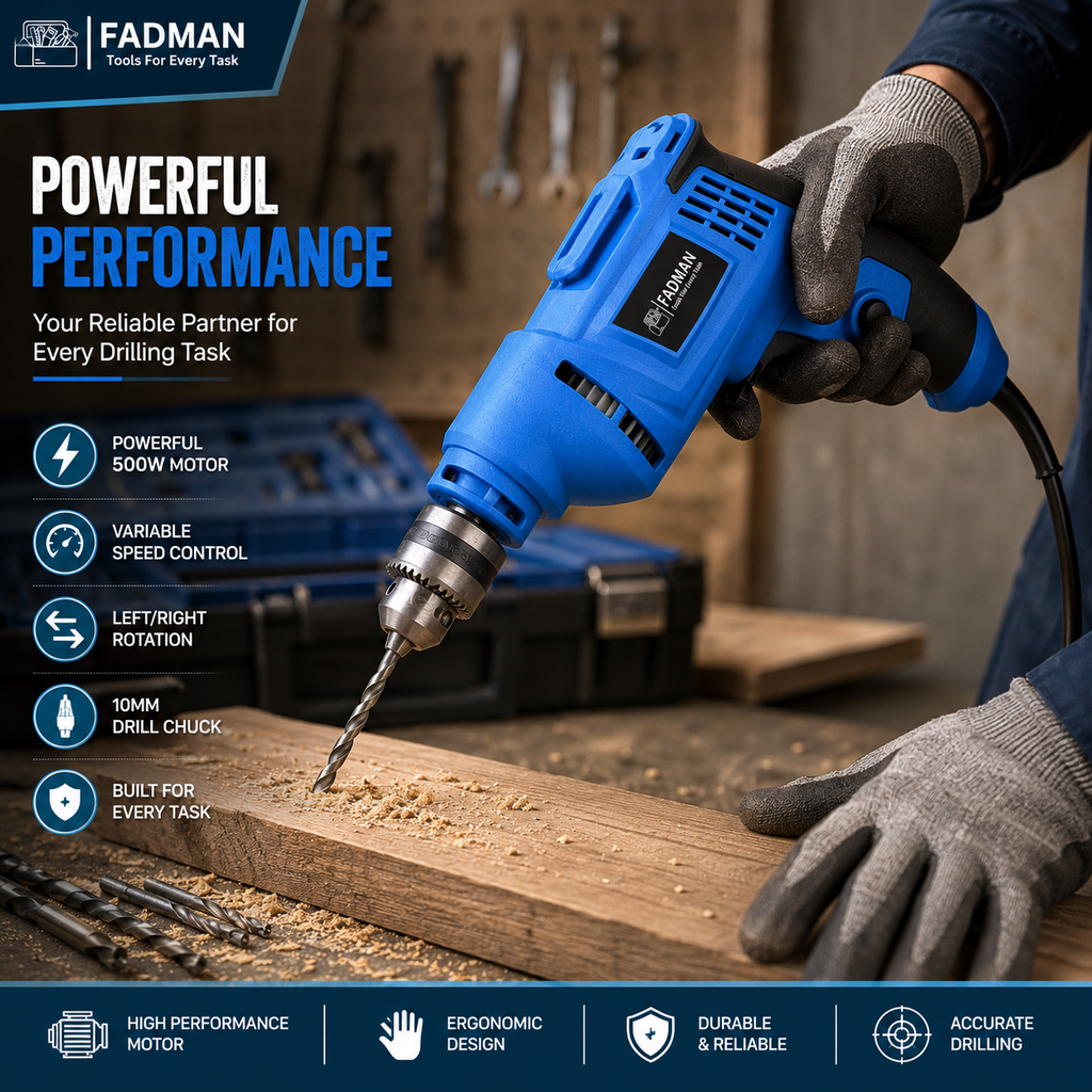 500W 10mm Electric Drill Machine with Variable Speed, Forward & Reverse Rotation, 2800 RPM, Lock-On Switch, Cooling Vents & 1.3 Meter Power Cord for Home, DIY & Professional Use