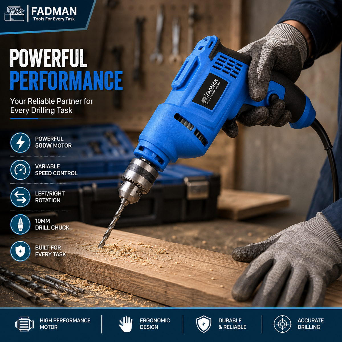 500W 10mm Electric Drill Machine with Variable Speed, Forward & Reverse Rotation, 2800 RPM, Lock-On Switch, Cooling Vents & 1.3 Meter Power Cord for Home, DIY & Professional Use