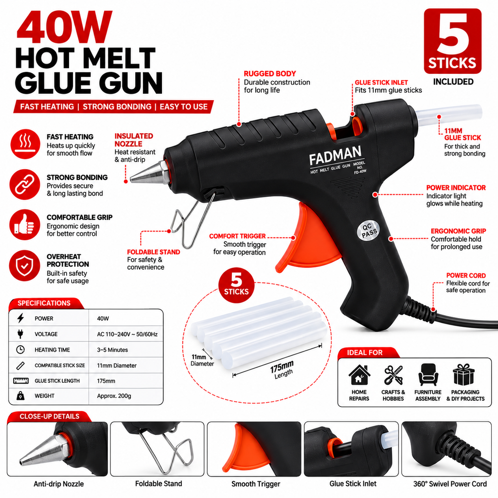 40W Hot Melt Glue Gun with 5 Pcs 11mm Glue Sticks | High Temperature Electric Adhesive Gun for Craft, DIY, Repair & Decoration