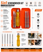 5-in-1 Screwdriver Set, 5 Interchangeable Bits, Phillips & Slotted Heads, Ergonomic Anti-Slip Handle, Portable Storage Case for Home, Electrical & Repair Work (Red)