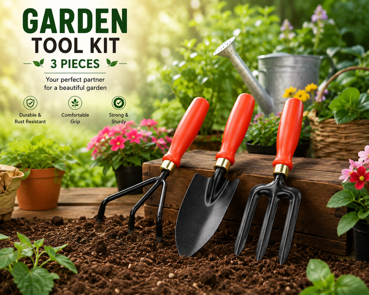 3 Pcs Gardening Hand Tools Set – Cultivator, Big Trowel & Garden Fork for Soil Digging, Loosening, Planting & Gardening