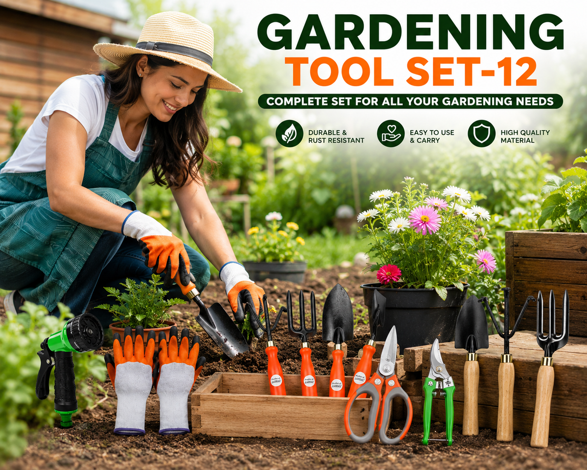 Garden Tools Set of 12 | Big Trowel, 3-Prong Cultivator, Garden Fork, Weeder, Khurpa, Garden Scissors, Wood Handle Gardening Set-3 Pcs, Water Spray Nozzle & 2 Types of Gardening Gloves | Heavy Duty Gardening Tool Kit for Home, Lawn, Plants & Outdoor Use