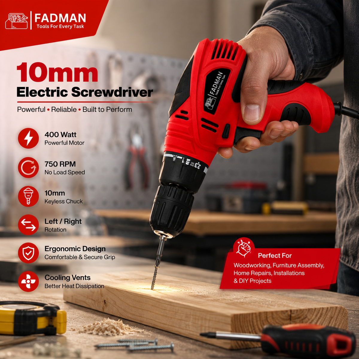 400W Electric Screwdriver Drill Machine 10mm Keyless Chuck | Variable Speed Reversible Drill | Corded Power Drill for Wood, Metal & DIY Home Repair