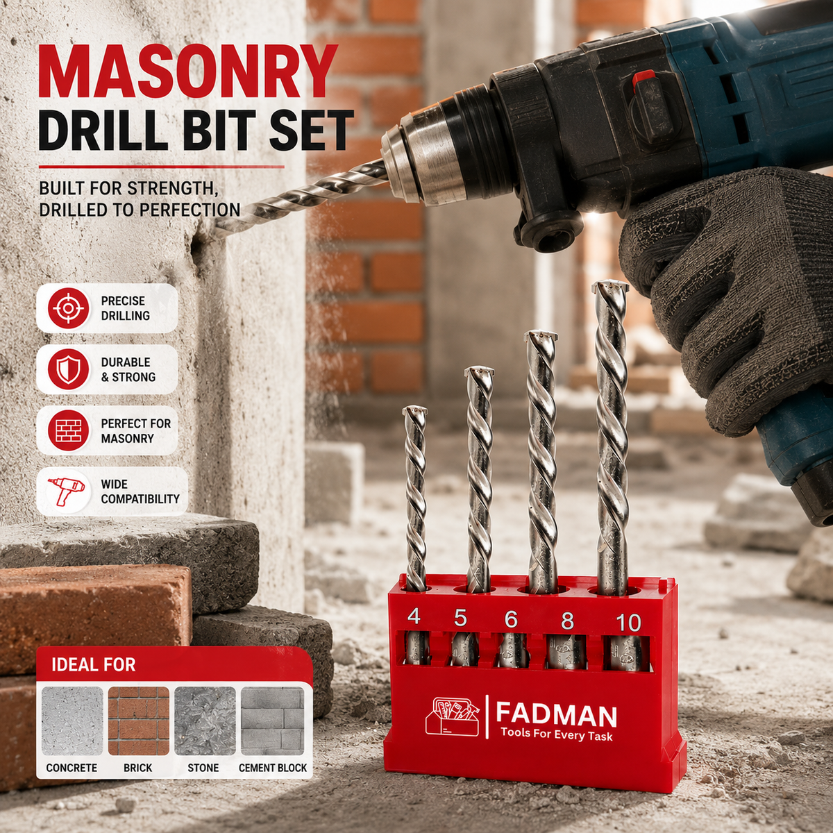 Masonry Drill Bit Set 4–10mm, 5 Pcs Concrete Wall Drill Bits
