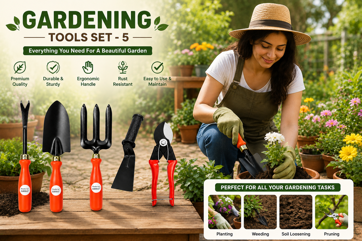 Garden Tools Set of 5 | Hand Trowel, Garden Fork, Weeder, Pruning Cutter & Khurpa | Heavy Duty Gardening Tools for Home, Lawn & Plants
