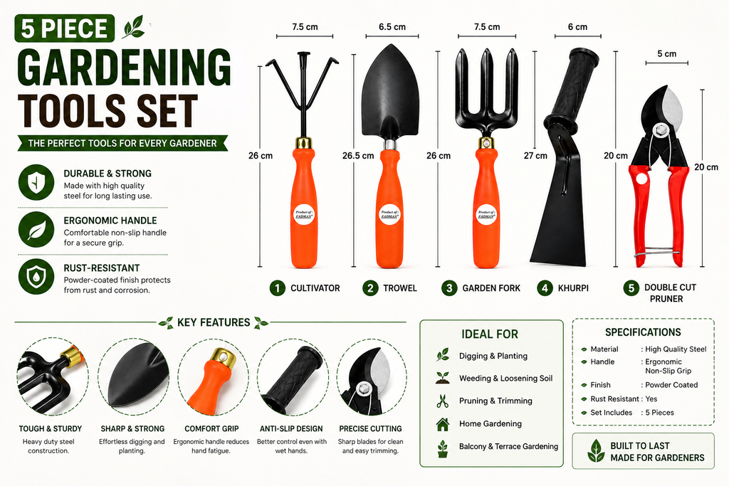 Garden Tools Set of 5 | Hand Trowel, Garden Fork, Cultivator, Pruning Cutter & Khurpa | Heavy Duty Gardening Tools for Home, Lawn & Plants