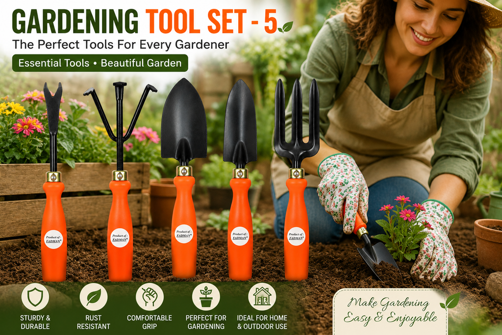 Garden Tools Set of 5 | Hand Trowel, 3-Tine Cultivator, Garden Fork, Weeder & Gardening Trowel | Heavy Duty Gardening Tools for Planting, Digging & Soil Cultivation