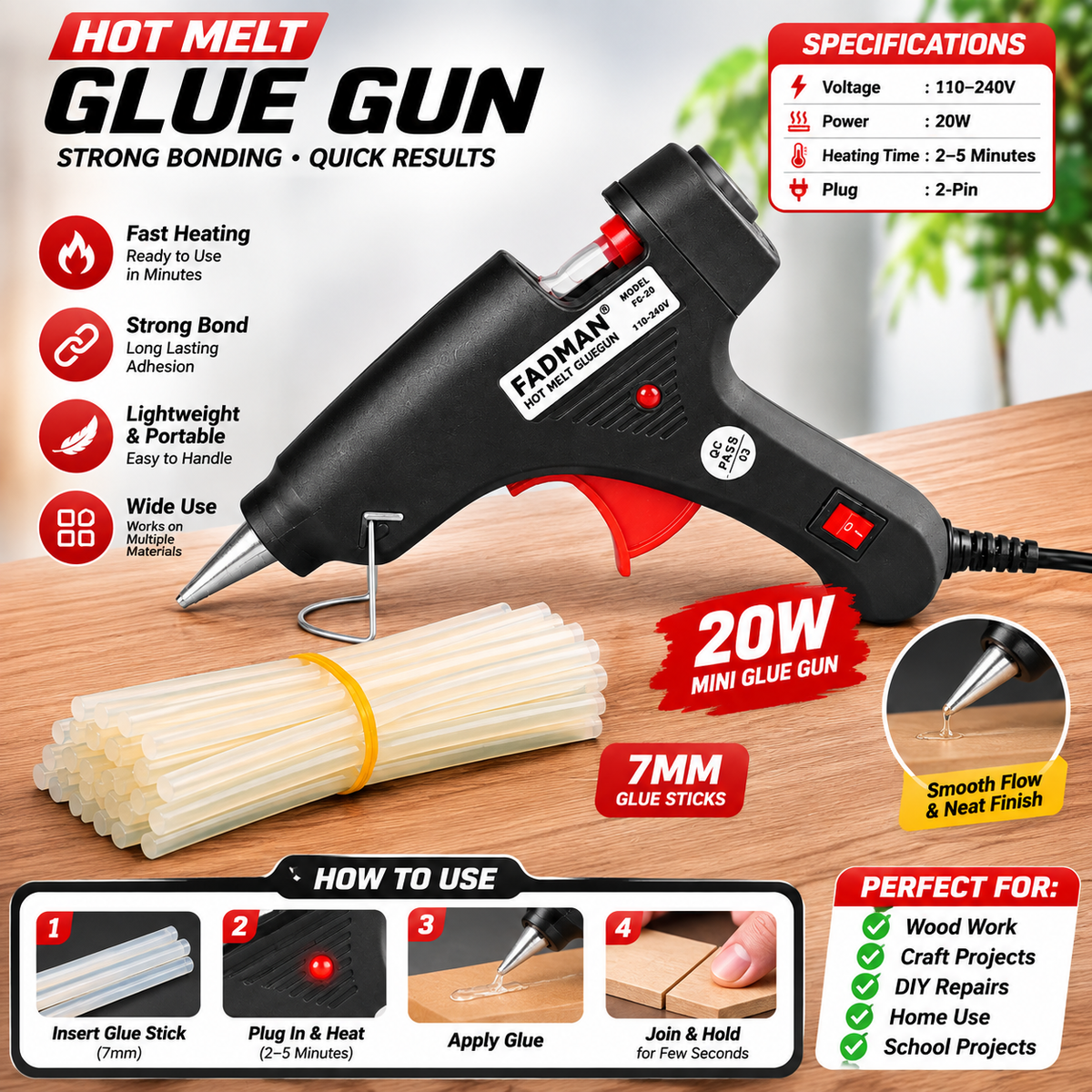 20W Hot Melt Glue Gun with 25 Pcs 7MM Glue Sticks | Mini Electric Adhesive Gun for DIY Crafts, Art, Repair & Home Projects (Black)