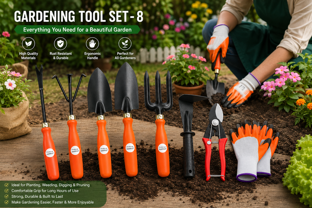 Garden Tools Set of 8 | Big Trowel, Small Trowel, Garden Fork, Hand Weeder, Cultivator, Pruning Cutter, Garden Gloves & Khurpa | Heavy Duty Gardening Tool Kit for Home, Lawn, Plants & Outdoor Use