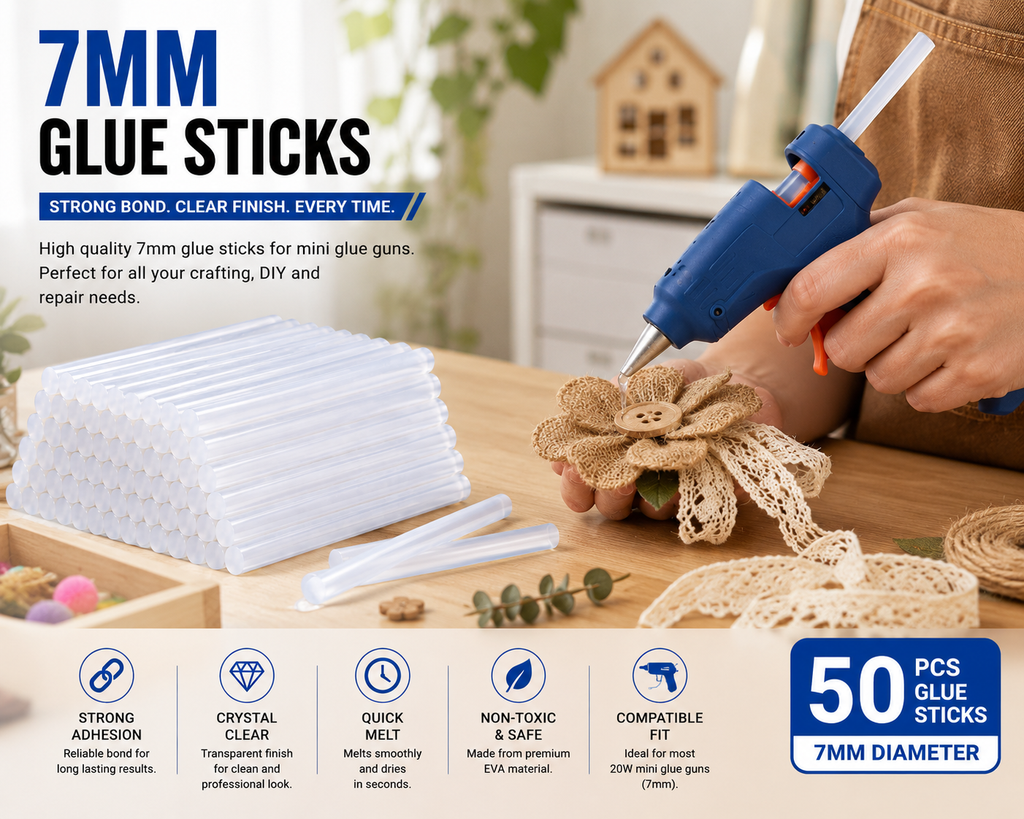 50 Pcs 7mm Transparent Hot Melt Glue Sticks for 20W Mini Glue Gun – Strong Adhesive Sticks for Craft, DIY, Art, Repair & Decoration