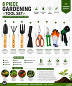Garden Tools Set of 8 | Khurpa, Gardening Gloves, Pruning Scissors, Garden Pruner, Water Spray Nozzle & Hand Trowel Cultivator Fork Set | Gardening Tools Kit for Home, Plants, Lawn & Outdoor Use