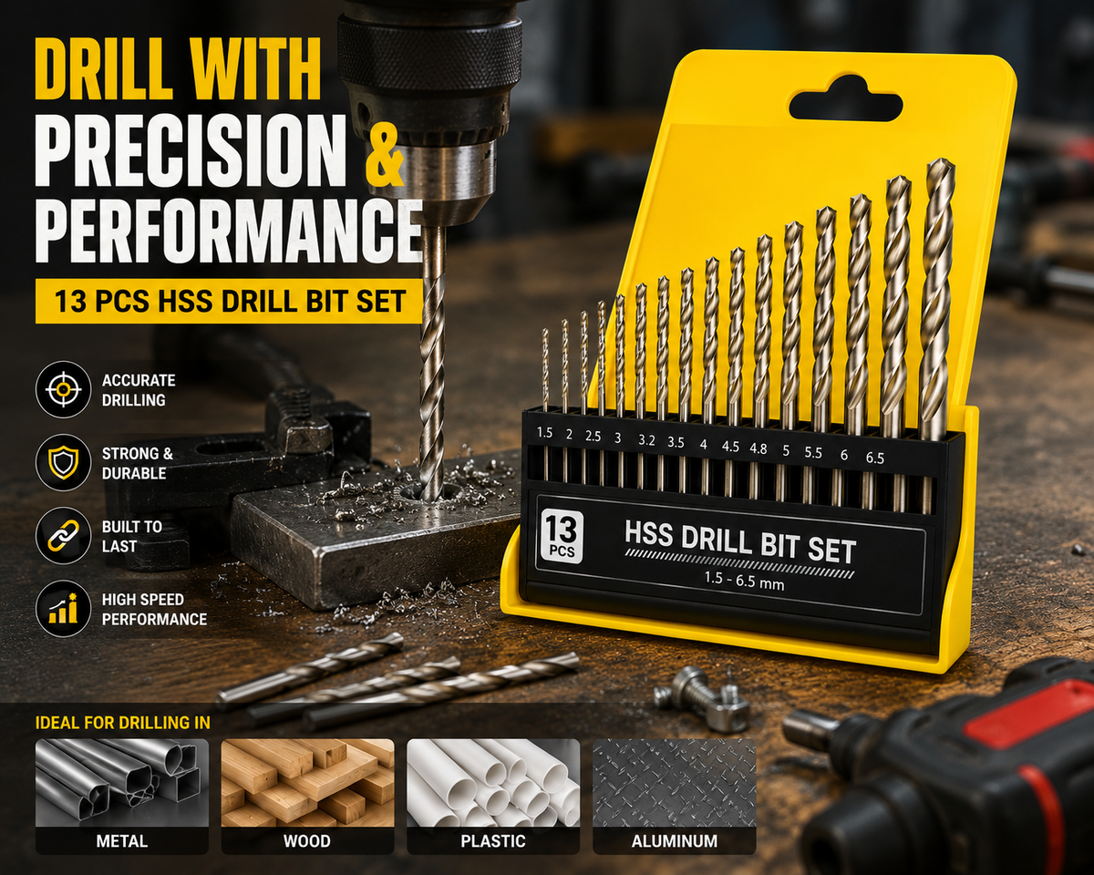13 Pcs HSS Drill Bit Set 1.5–6.5 mm | High Speed Steel Twist Drill Bits for Metal, Wood & Plastic