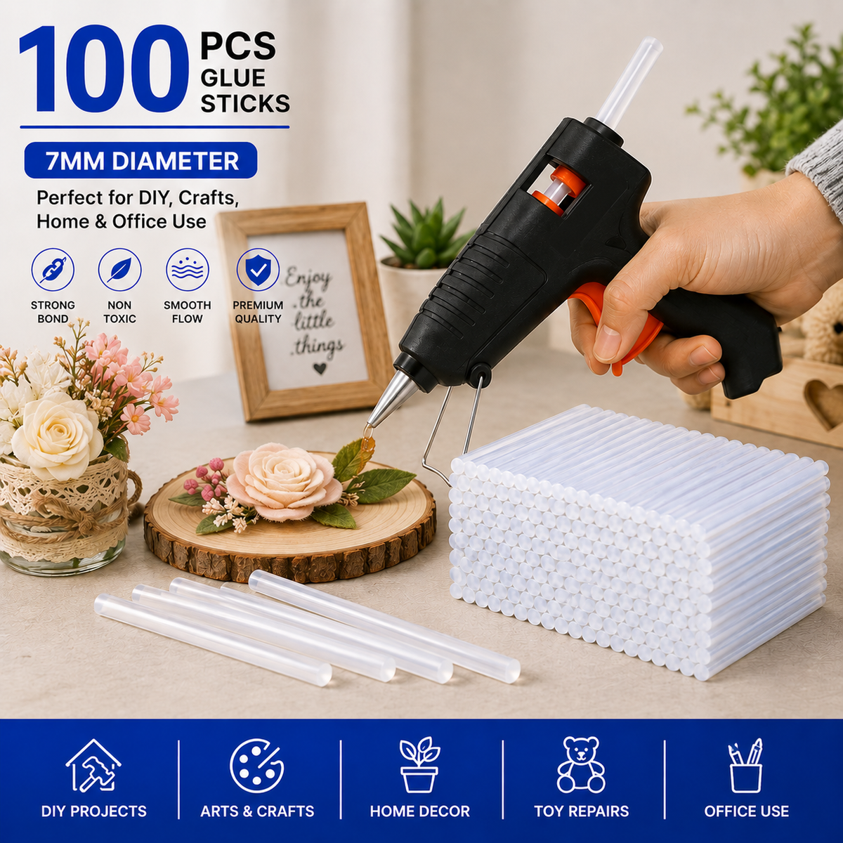 100 Pcs 7mm Transparent Hot Melt Glue Sticks for 20W Mini Glue Gun – Strong Adhesive Sticks for Craft, DIY, Art, Repair & Decoration