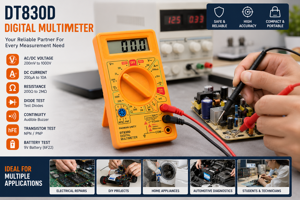 Digital Multimeter with Test Leads, Digit LCD Display, AC/DC Voltage & Current Tester, Resistance, Continuity & Diode Test, Electrical Measuring Meter for Home, Electronics & DIY
