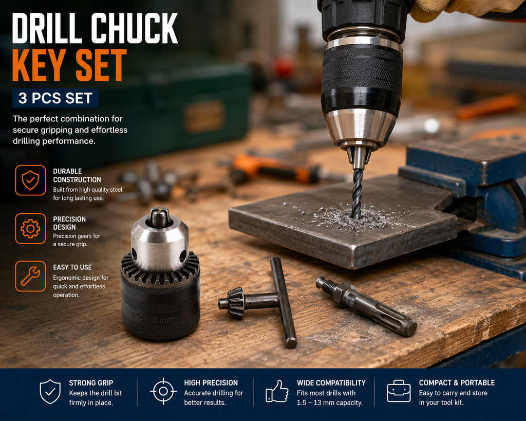 Keyless Drill Chuck with Arbor & Chuck Key – 1.5–13mm
