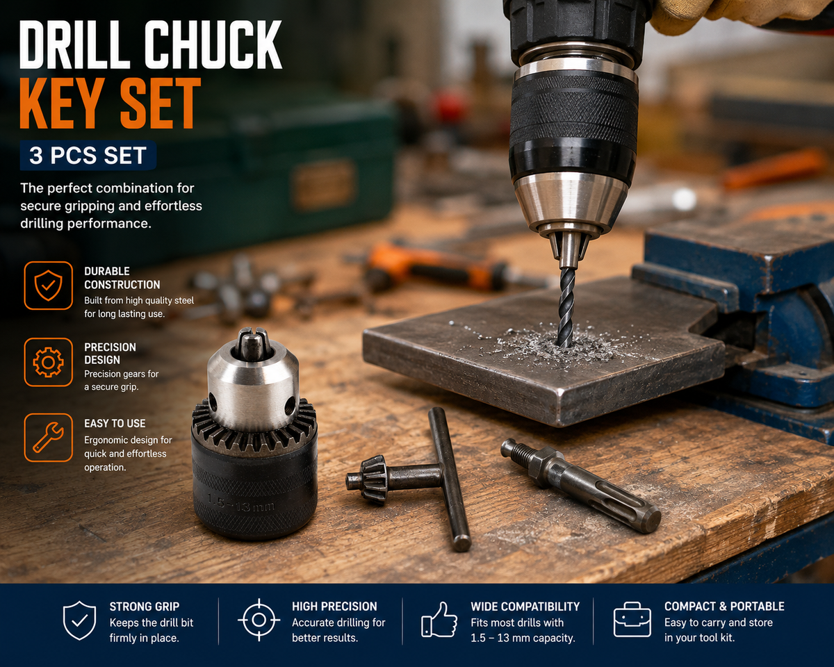 Keyless Drill Chuck with Arbor & Chuck Key – 1.5–13mm