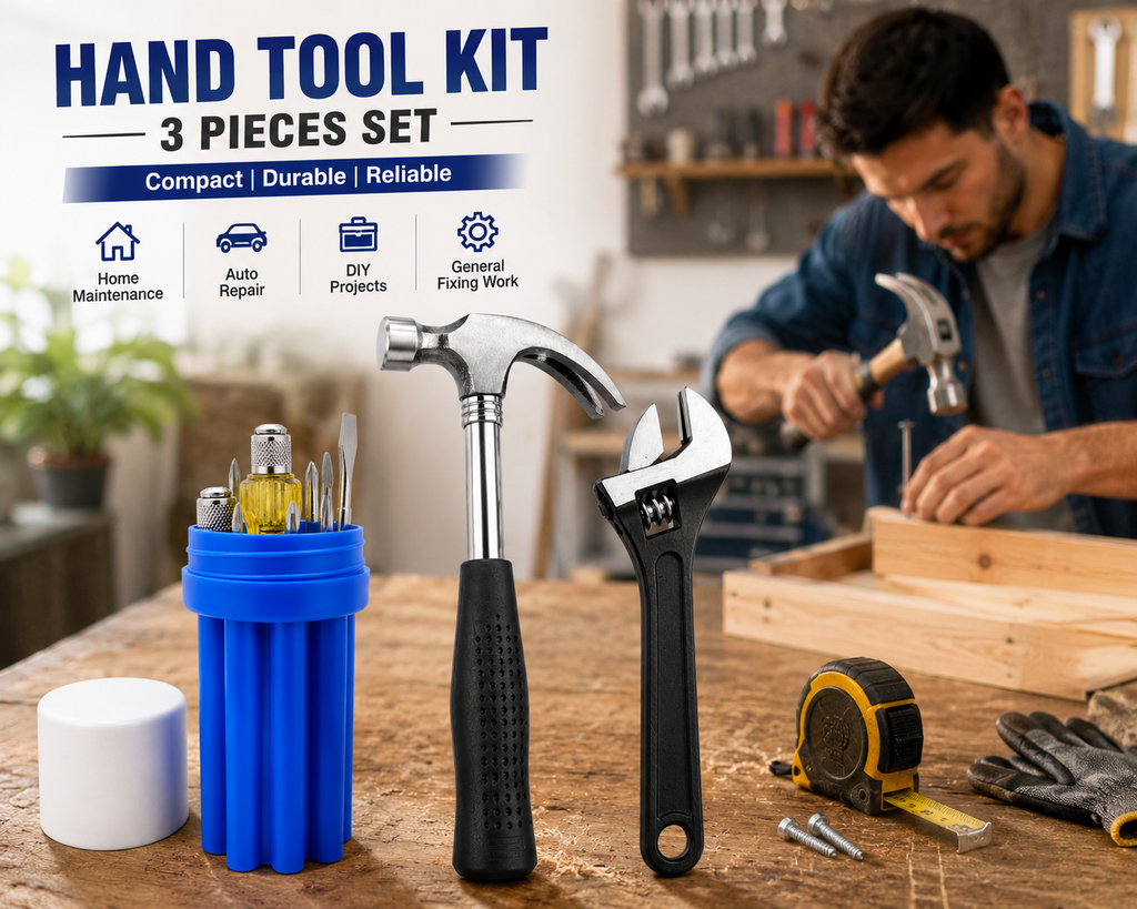 3-in-1 Hand Tool Kit with Claw Hammer, 8-in-1 Screwdriver & 200mm Adjustable Wrench, Multi-Purpose Hand Tool Set for Home Repair, DIY, Workshop & Maintenance