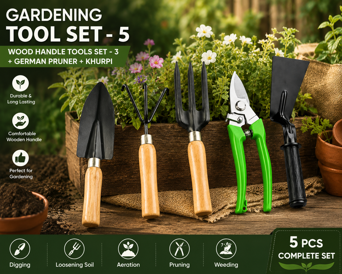Garden Tools Set with Khurpa, German Cutter & Wood Handle Gardening Tools for Weeding, Pruning & Plant Care