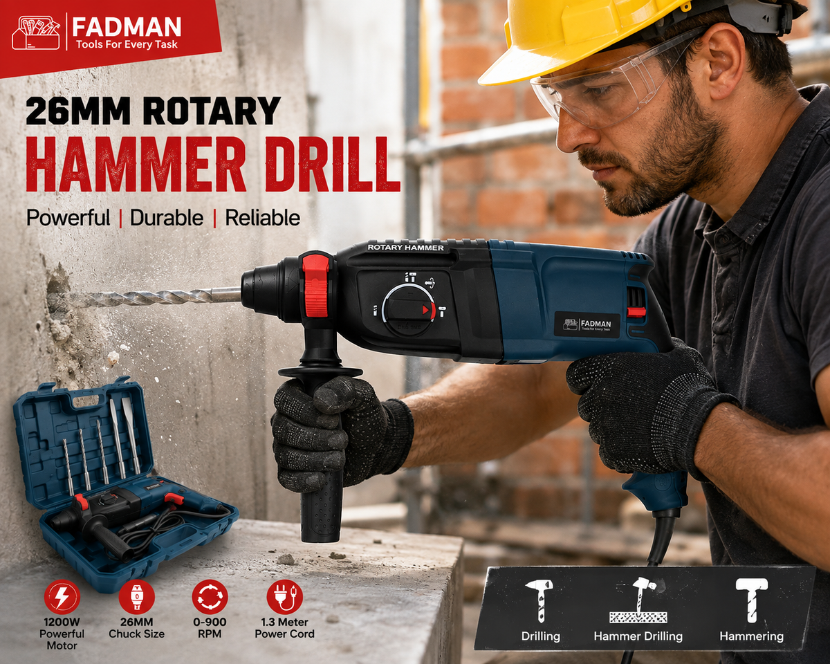1200W 26mm Heavy Duty Rotary Hammer Drill Machine with SDS Plus Chuck, 3-Mode Drilling, Hammering & Hammer Drilling, 5 Drill Bits, Auxiliary Handle, Depth Rod & Carry Case