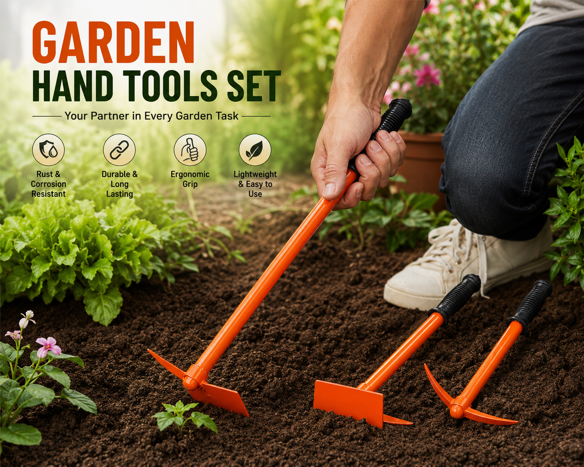 Heavy Duty Garden Hoe & Tiller Tool Set | 3-in-1 Hand Cultivator, Weeder & Soil Loosener | Long Handle Gardening Tool for Weeding, Cultivating & Soil Preparation