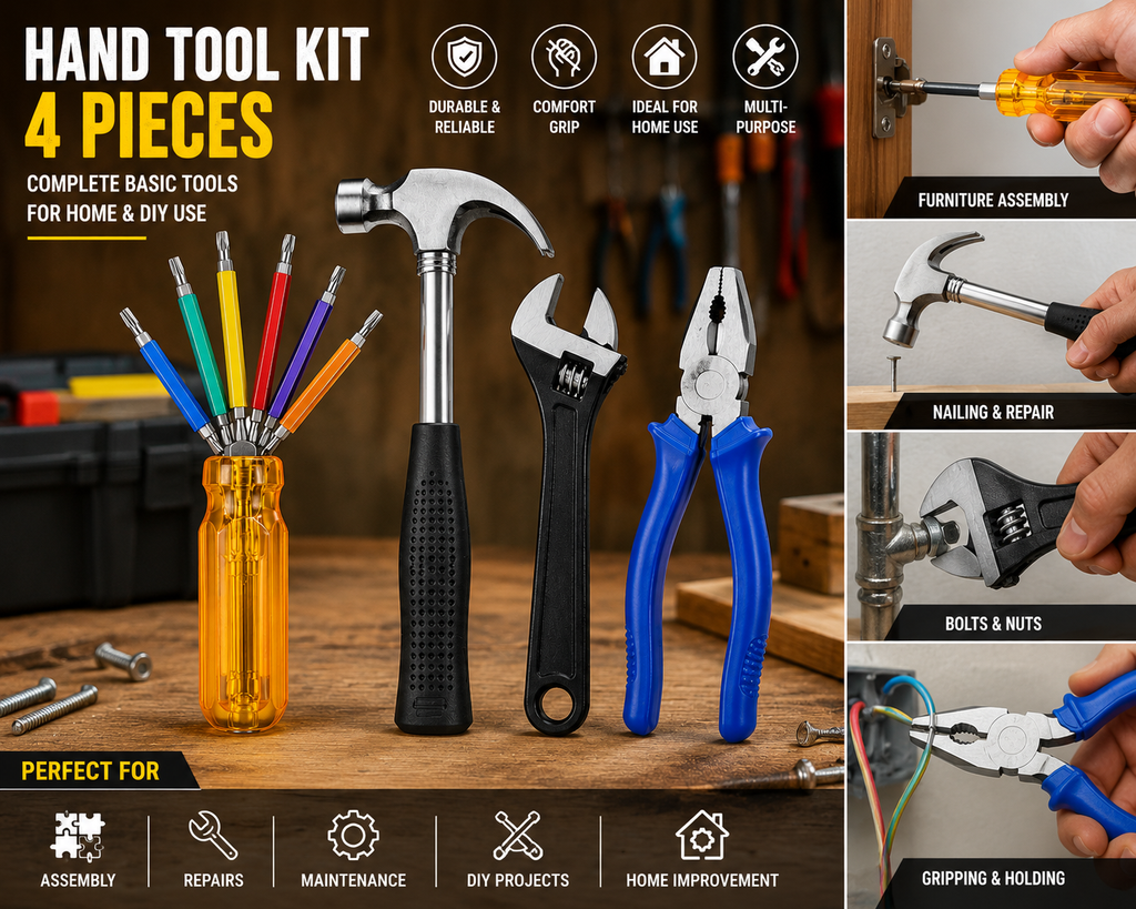 4-in-1 Multi-Purpose Hand Tool Kit – Combination Plier, 6-in-1 Hexagon Screwdriver Set, Claw Hammer & 200mm Adjustable Wrench for Home, Repair & DIY Work