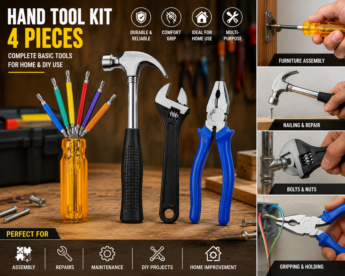 4-in-1 Multi-Purpose Hand Tool Kit – Combination Plier, 6-in-1 Hexagon Screwdriver Set, Claw Hammer & 200mm Adjustable Wrench for Home, Repair & DIY Work