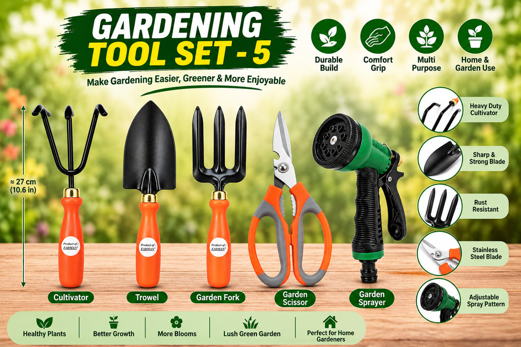 Garden Tools Set of 5 | Hand Trowel, Garden Fork, Cultivator, Pruning Scissors & Sprayer | Heavy Duty Gardening Tools Kit for Home, Lawn, Plants & Outdoor Use