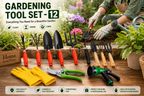 Garden Tools Set of 12 | Big Trowel, Small Trowel, 3-Prong Cultivator, Garden Fork, Weeder, Khurpa, Pruning Cutter, Water Spray Nozzle & Gardening Gloves | Heavy Duty Gardening Tool Kit for Home, Lawn, Plants & Outdoor Use