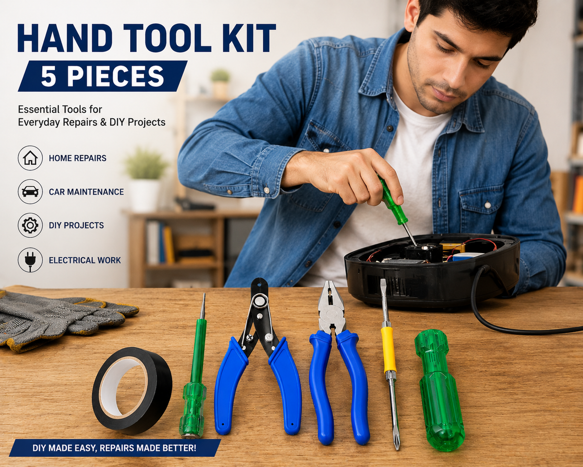 5-in-1 Multi-Purpose Hand Tool Kit with Combination Plier, Wire Cutter, Voltage Tester, 2-in-1 Screwdriver & Electrical Insulation Tape for Home, Electrical & Repair Work
